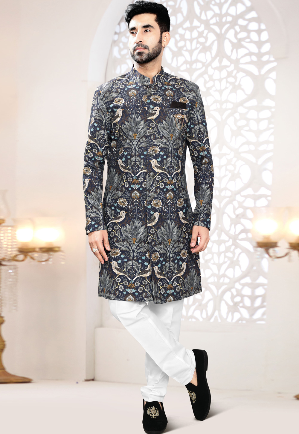 Navy Blue Linen Indo Western Suit 306467