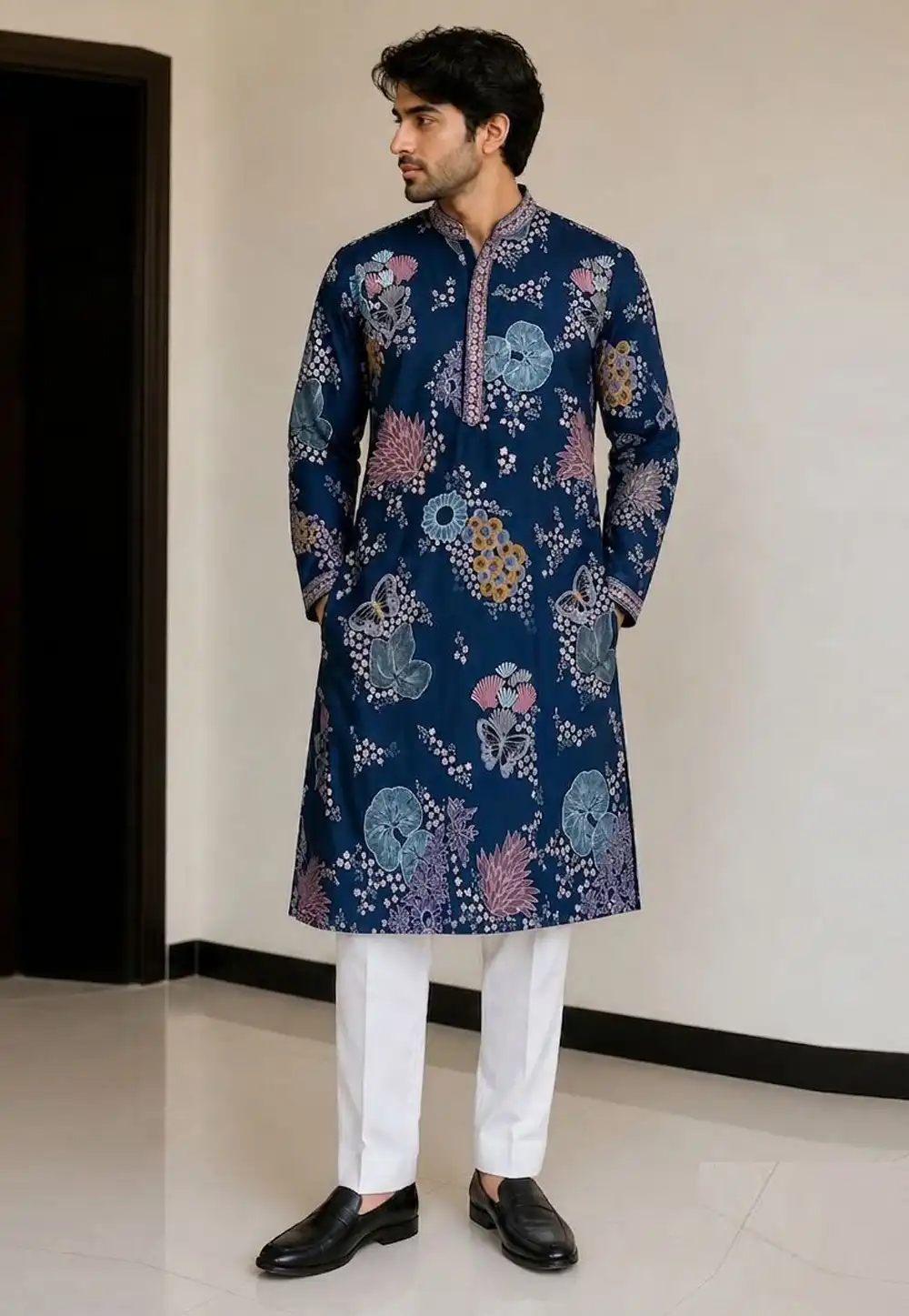 Navy Blue Linen Kurta Pajama 328822