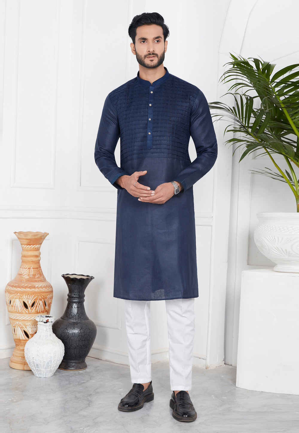Navy Blue Linen Kurta Pajama 283368