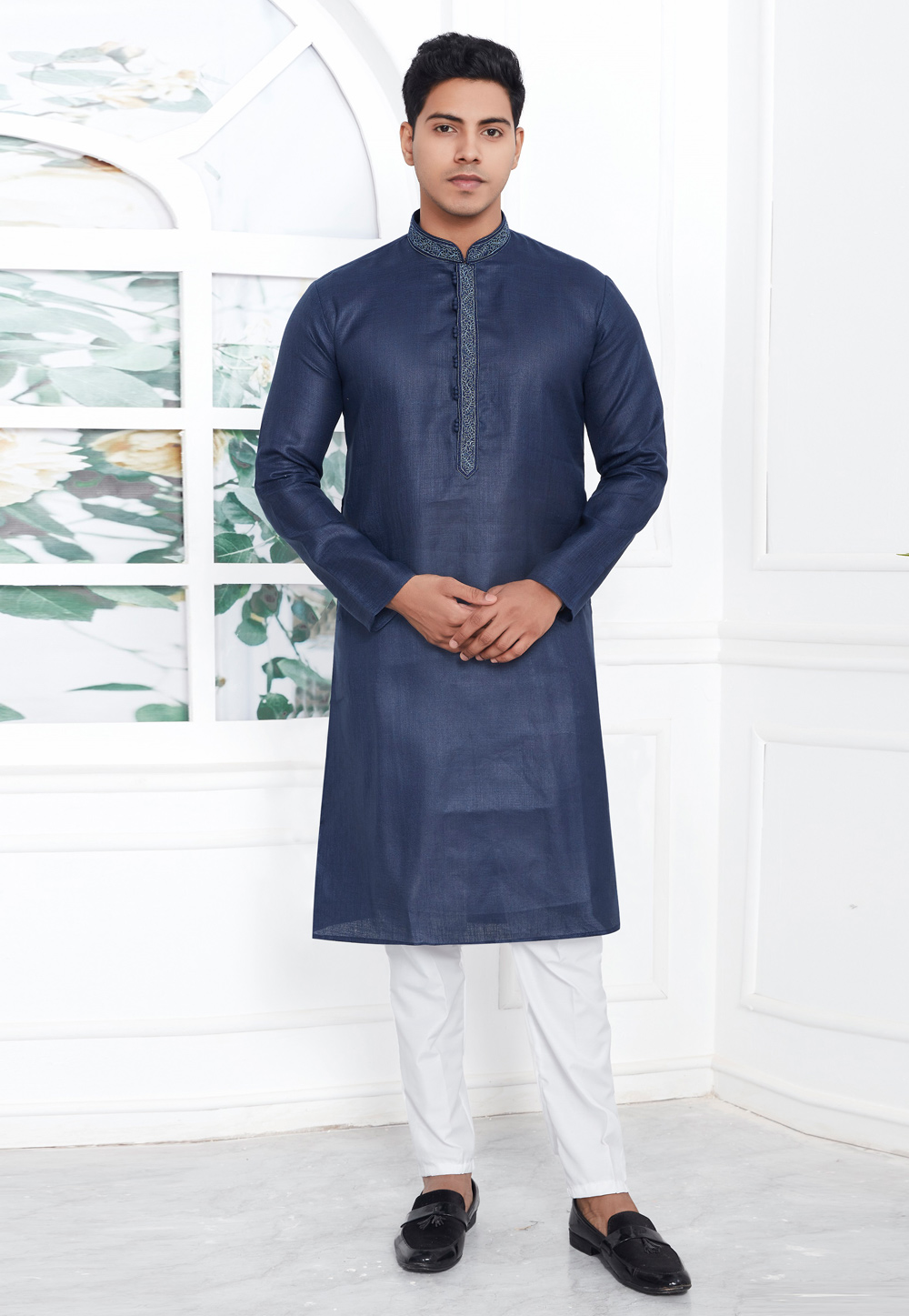 Navy Blue Linen Kurta Pajama 283352