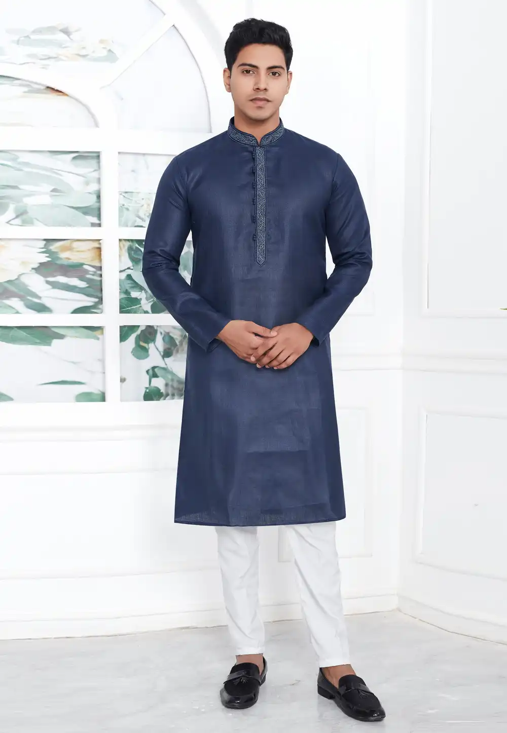 Navy Blue Linen Kurta Pajama 283352