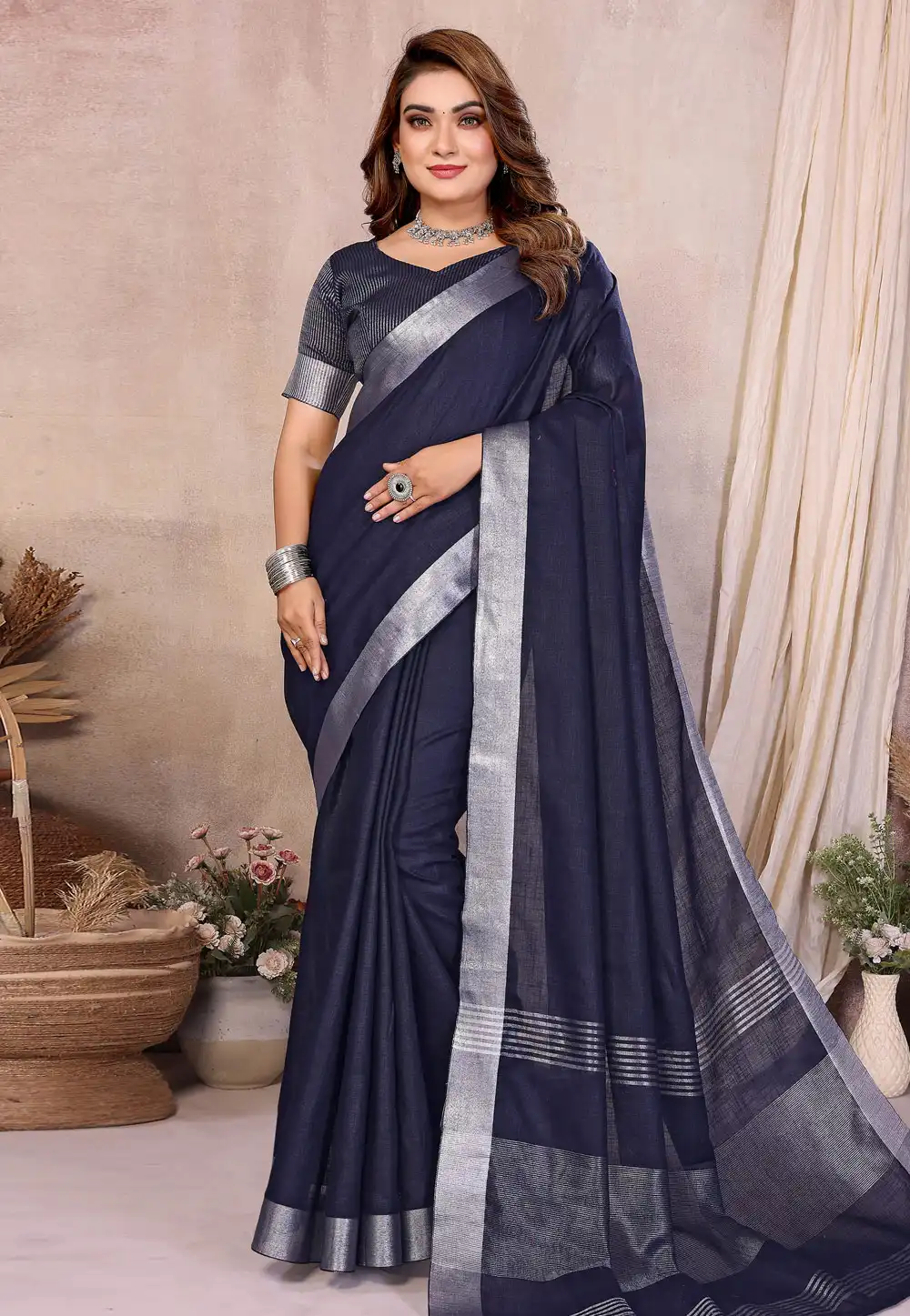 Navy Blue Linen Saree With Blouse 319826