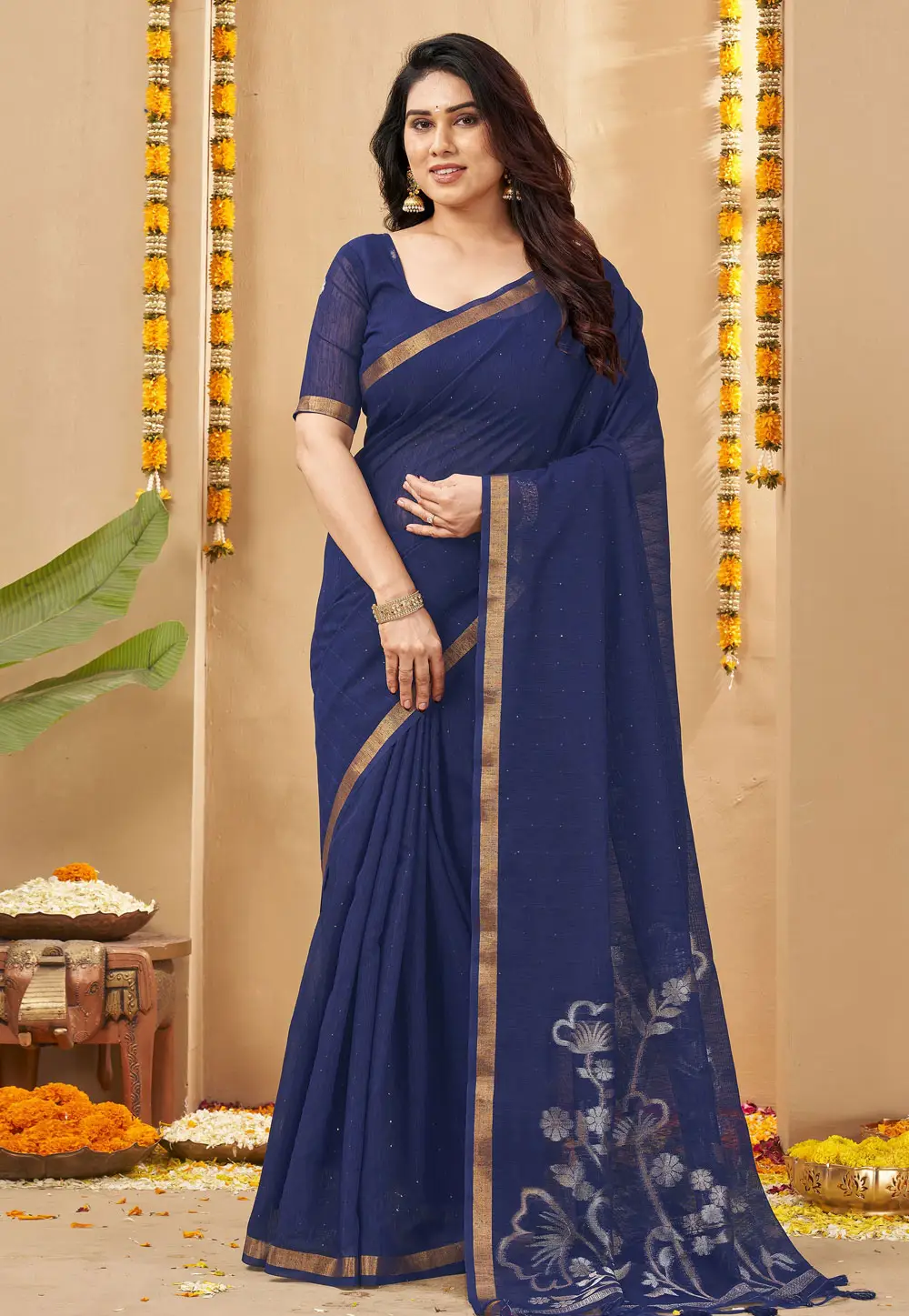 Navy Blue Linen Saree With Blouse 335970
