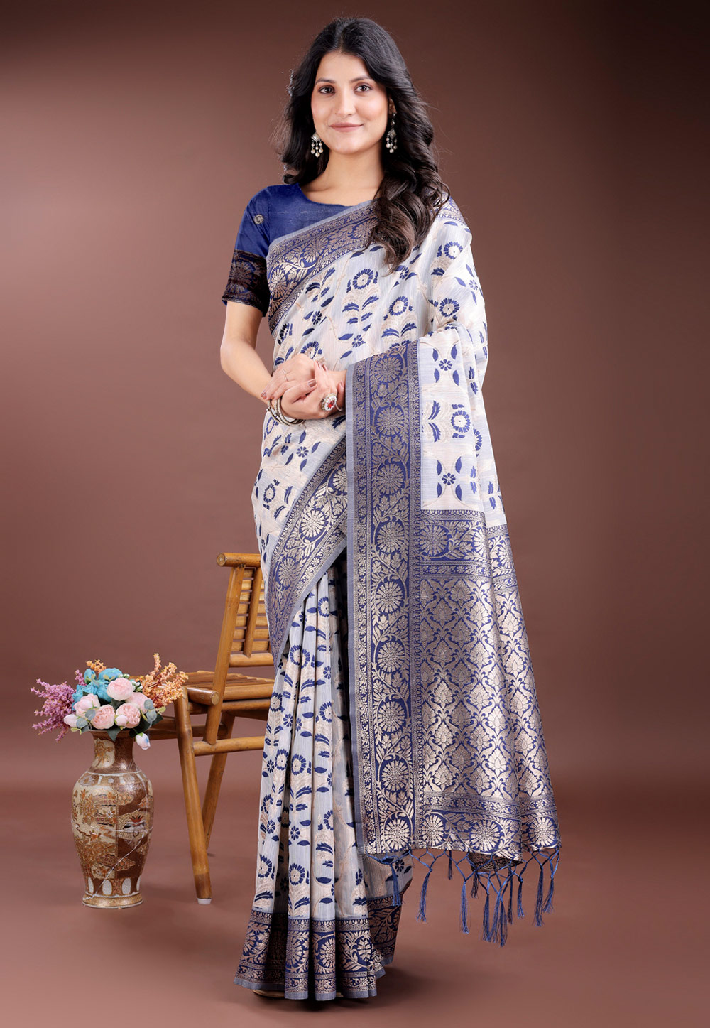 Navy Blue Linen Saree With Blouse 311786