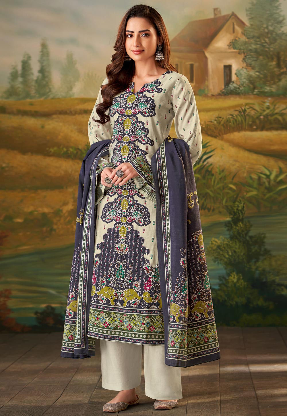 Navy Blue Muslin Palazzo Suit 310162