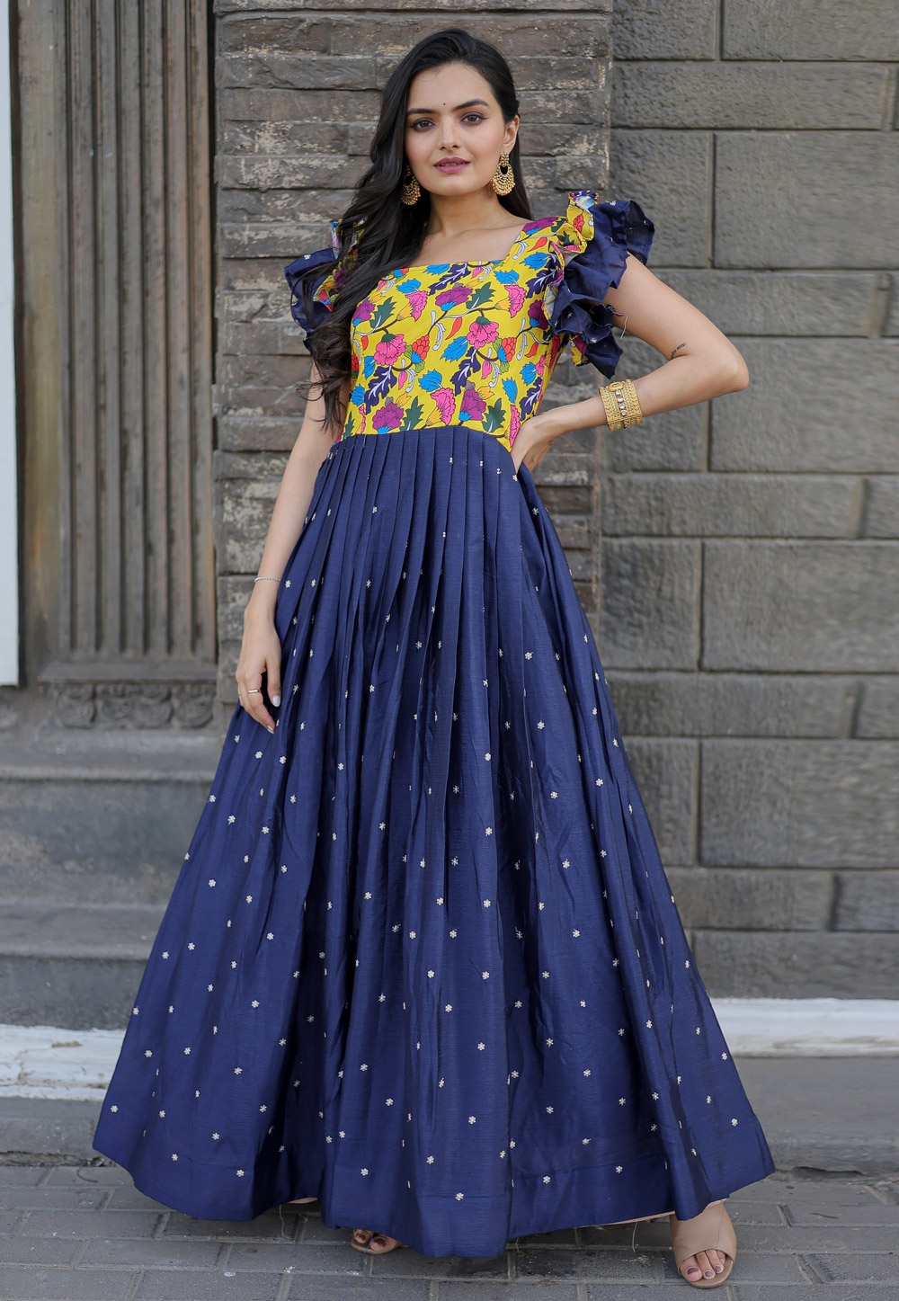 Navy Blue Muslin Printed Gown 284886