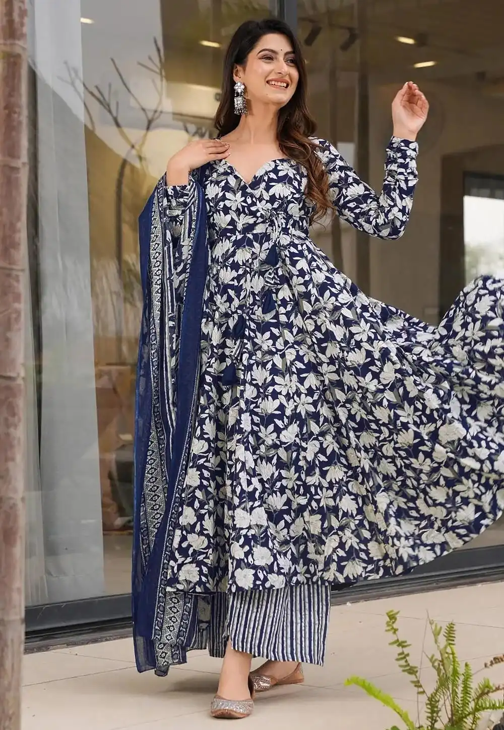 Navy Blue Muslin Readymade Anarkali Suit 322911