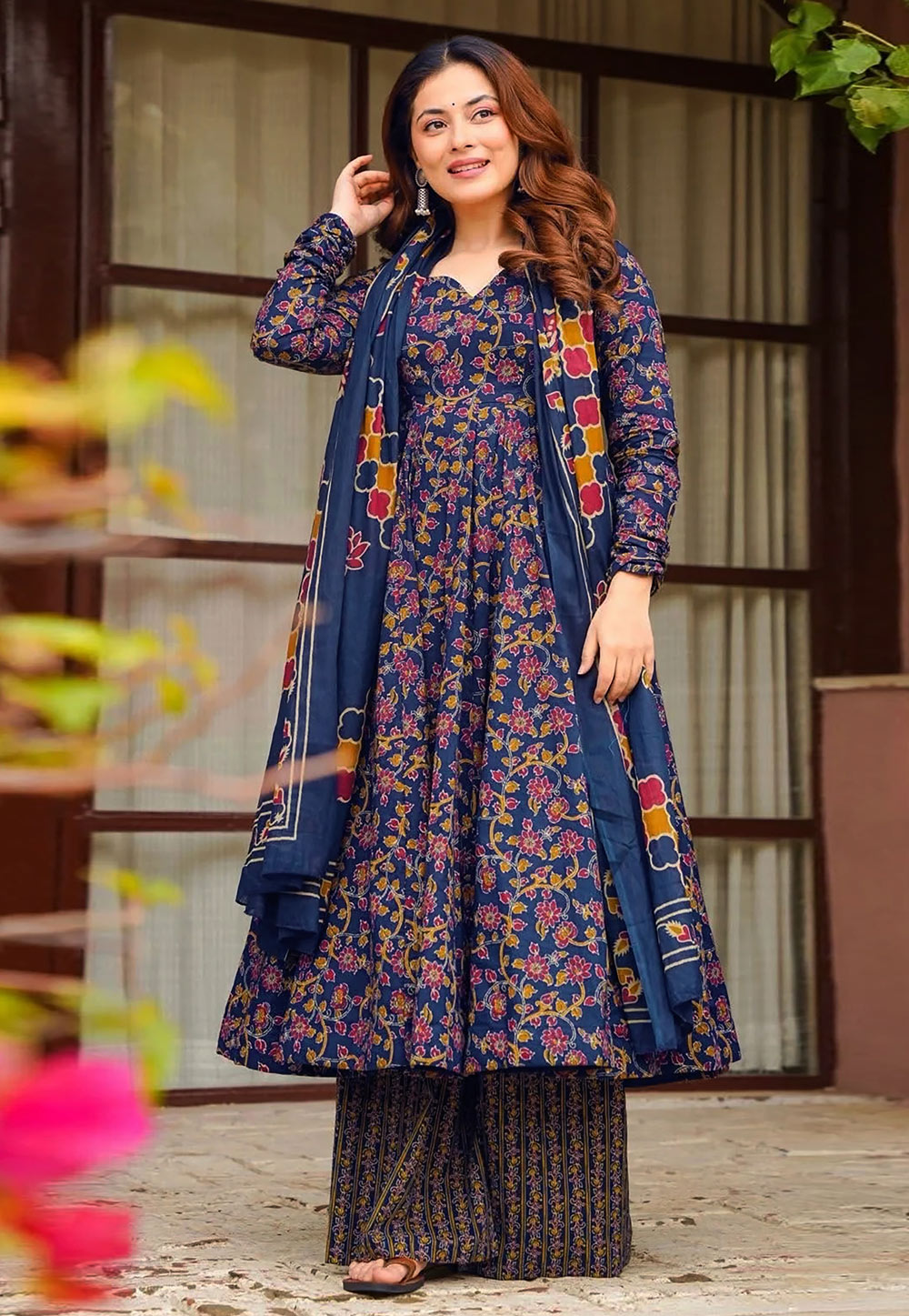 Navy Blue Muslin Readymade Anarkali Suit 327398