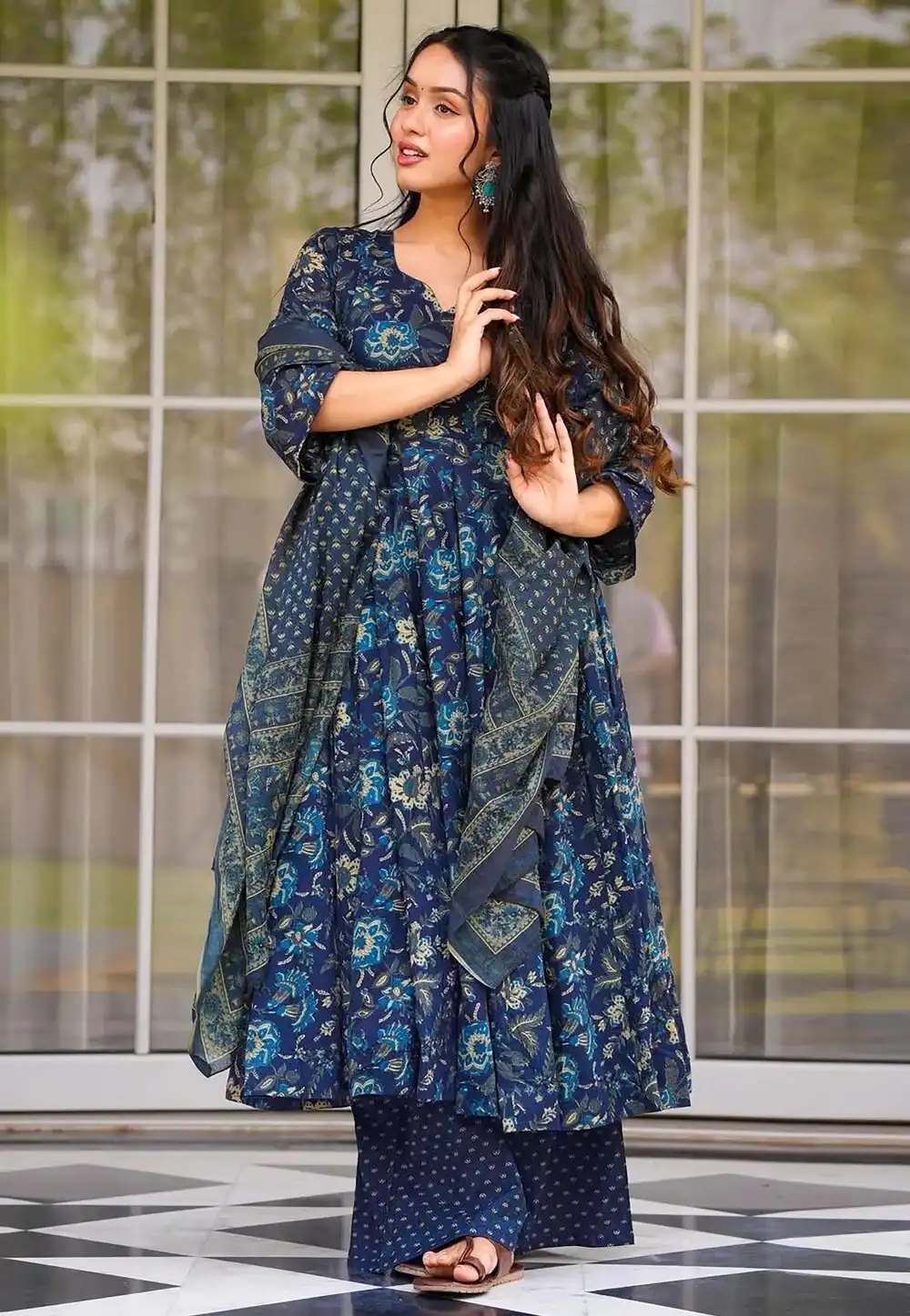 Navy Blue Muslin Readymade Palazzo Suit 317272