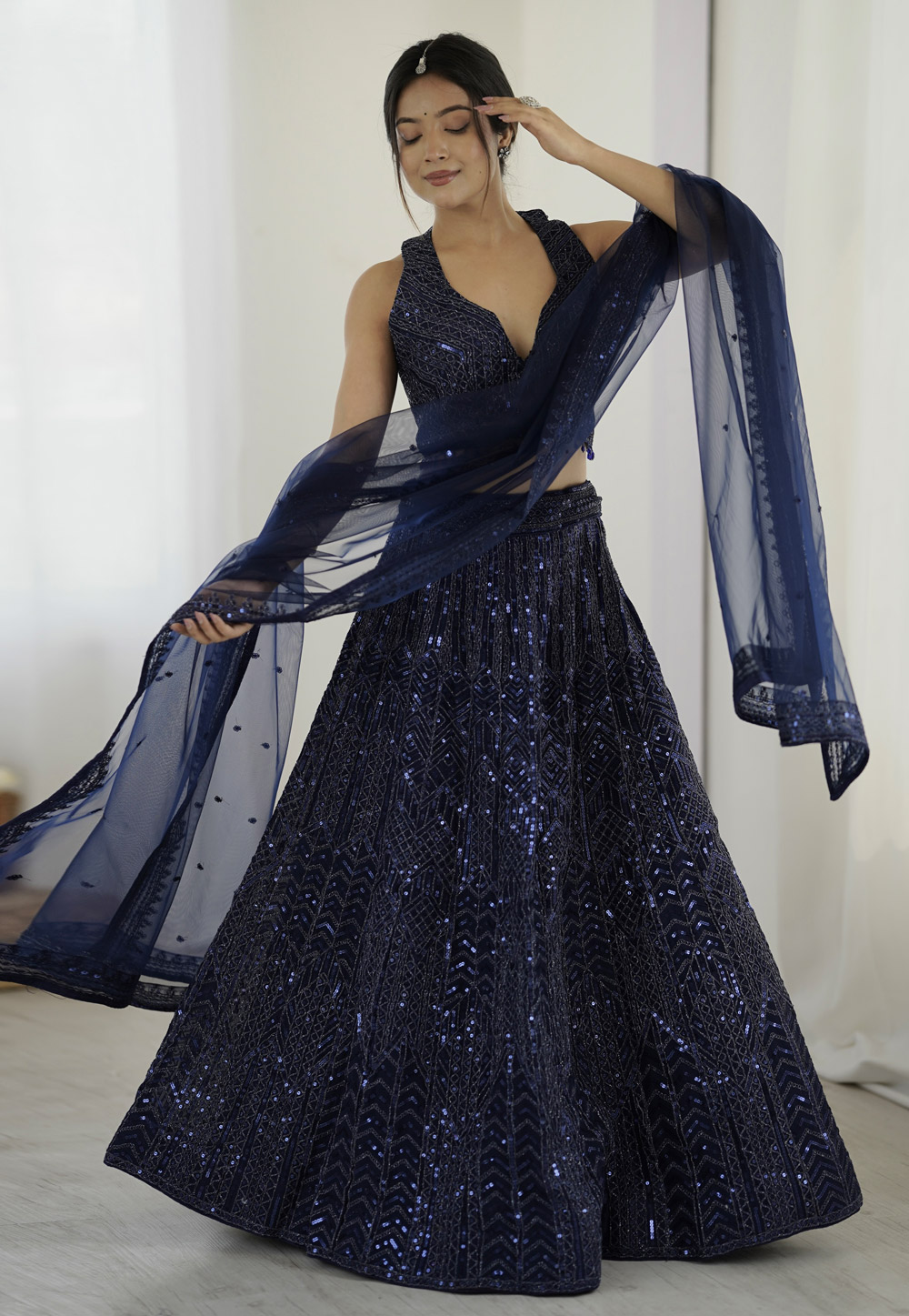 Navy Blue Net A Line Lehenga Choli 311844