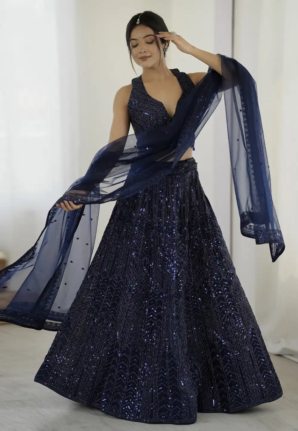 Navy Blue Net A Line Lehenga Choli 311844