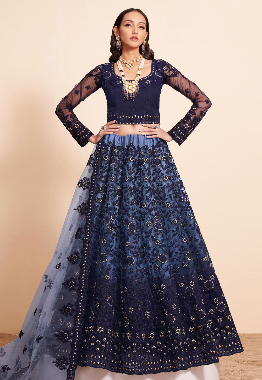 Navy Blue Net Circular Lehenga Choli 283861