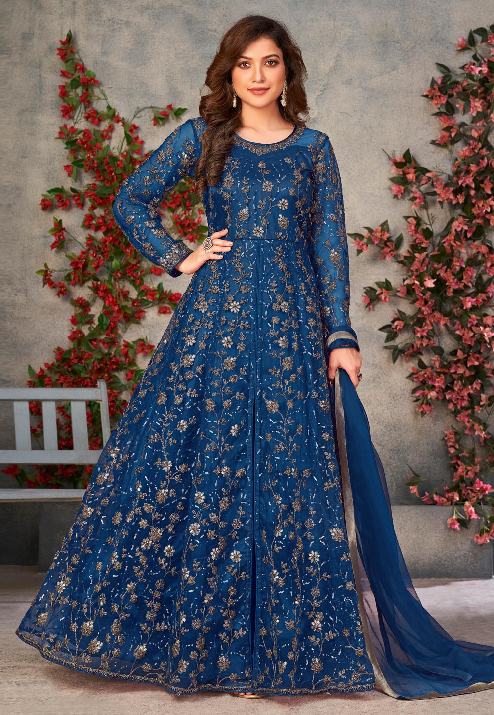 Navy Blue Net Embroidered Anarkali Suit 308312