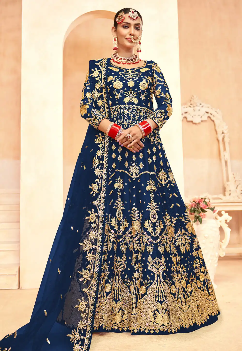 Navy Blue Net Embroidered Floor Length Anarkali Suit 327709