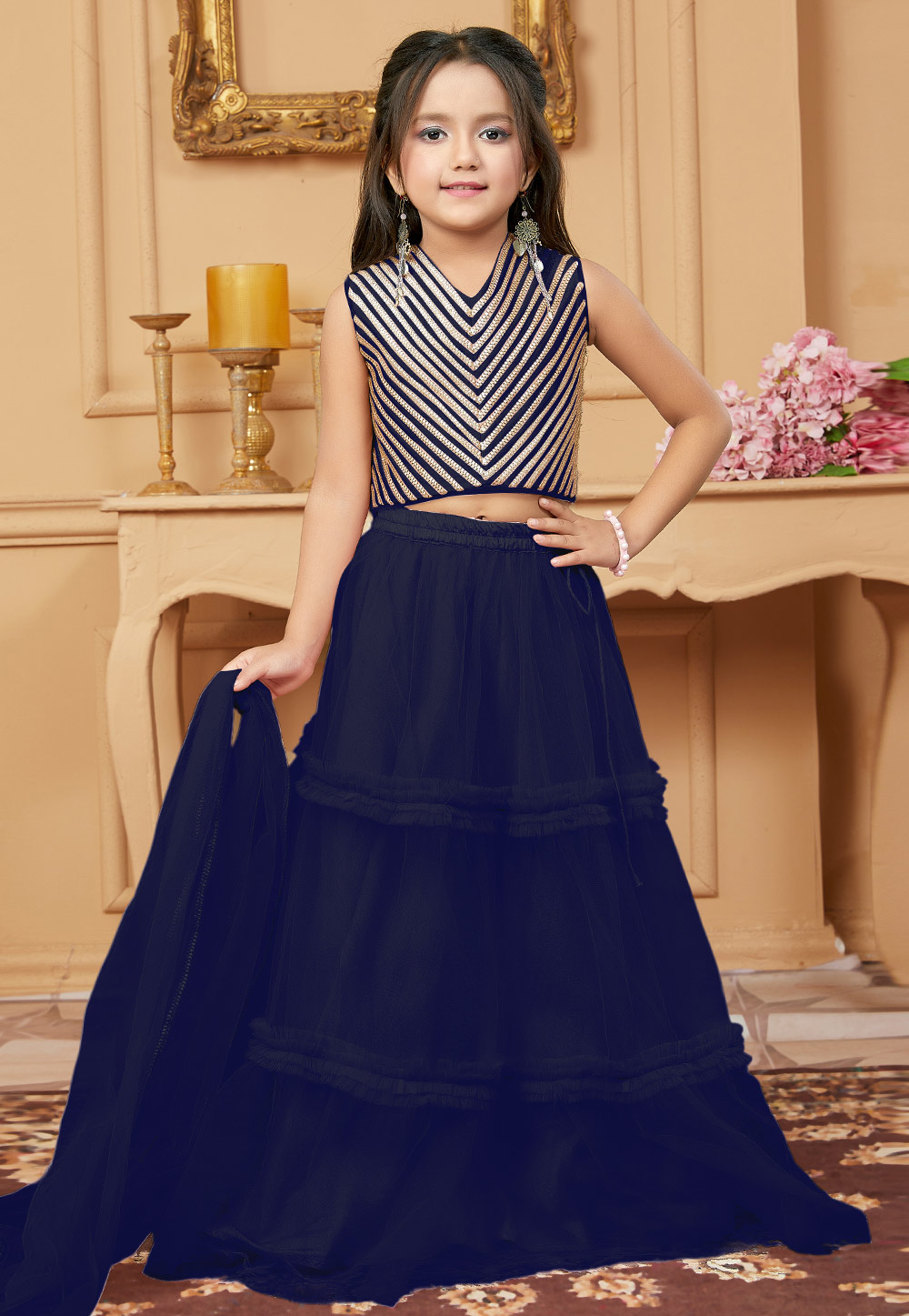 Navy Blue Net Kids Lehenga Choli 312266