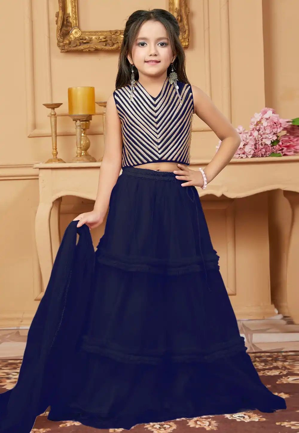 Navy Blue Net Kids Lehenga Choli 312266