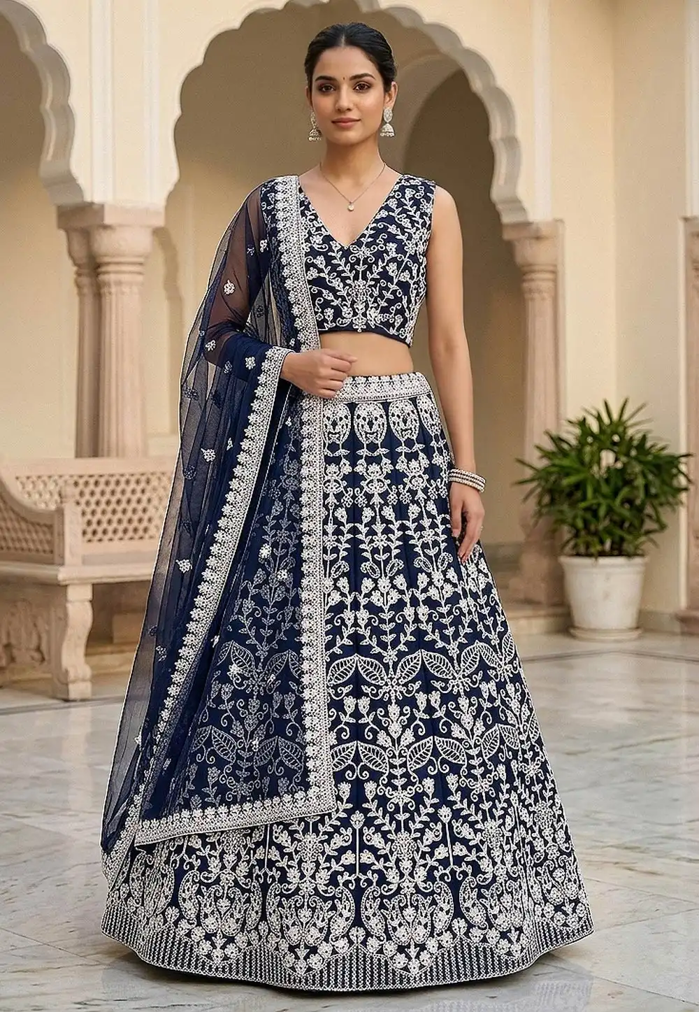 Navy Blue Net Lehenga Choli 329150