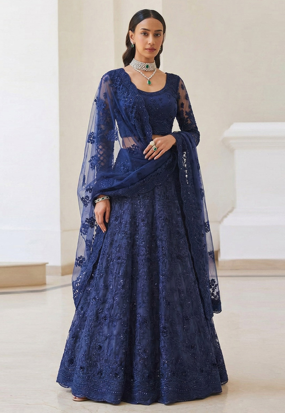 Navy Blue Net Lehenga Choli 322068