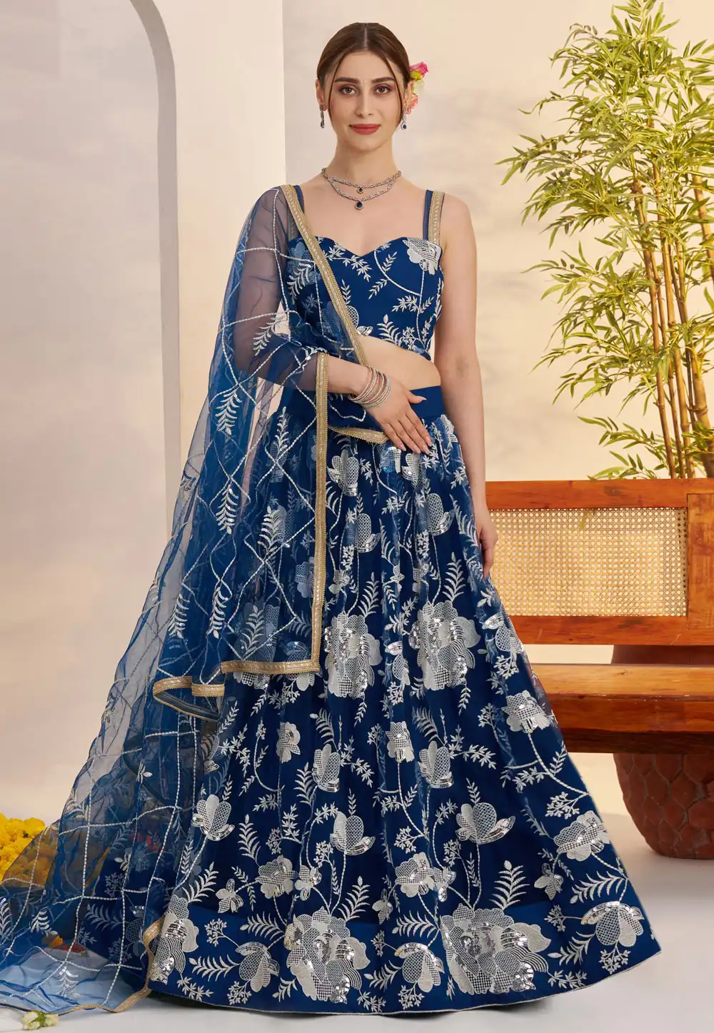 Navy Blue Net Lehenga Choli 317330