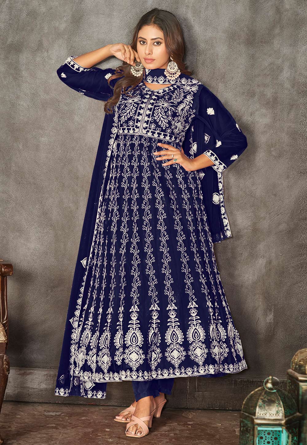 Navy Blue Net Long Anarkali Suit 282448