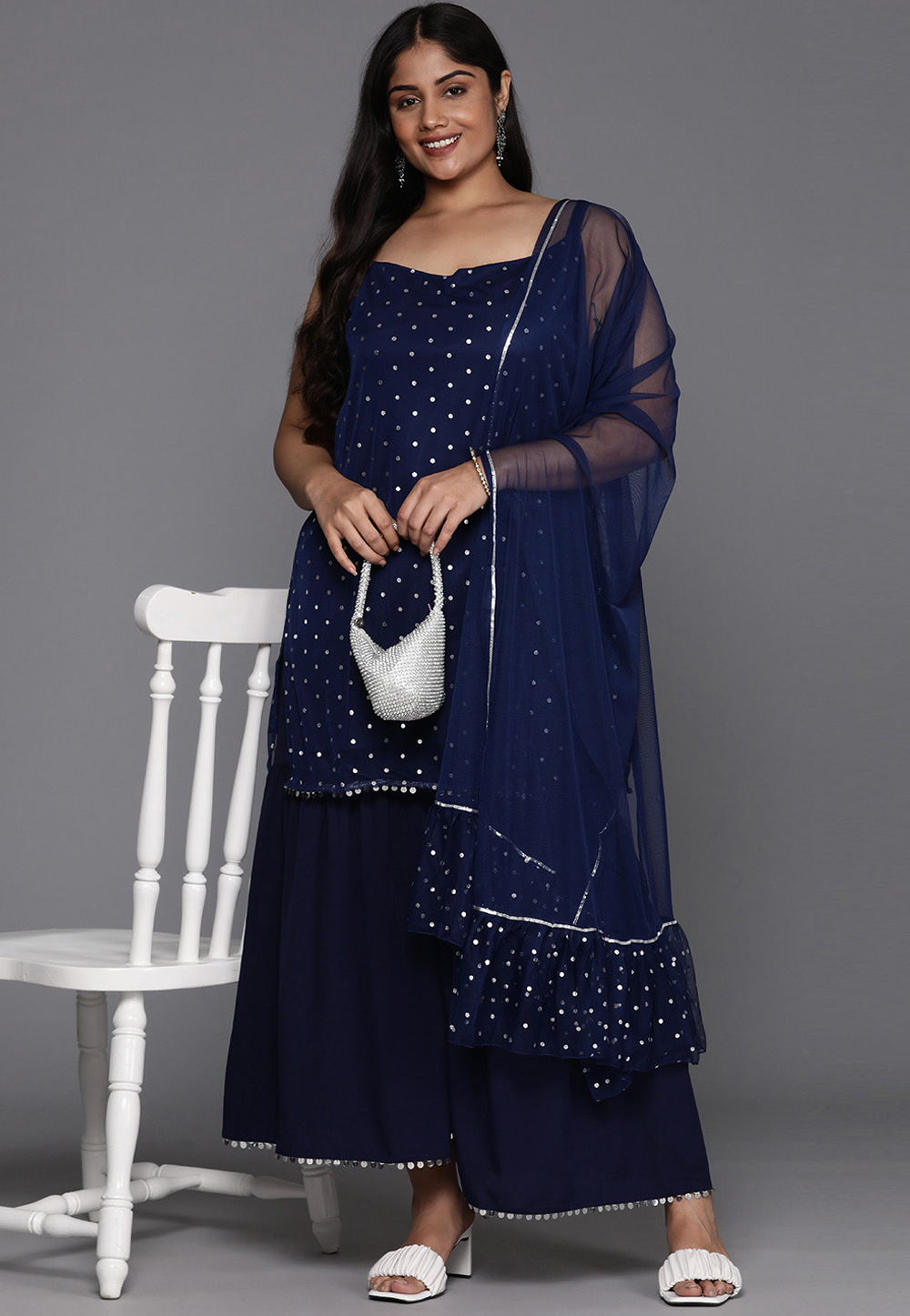 Navy Blue Net Readymade Sharara Suit 308900