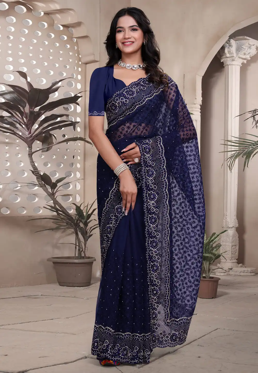 Navy Blue Net Saree With Blouse 314467