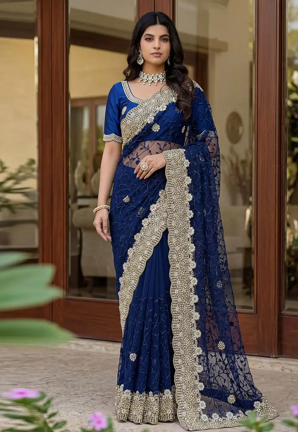 Navy Blue Net Saree With Blouse 328068