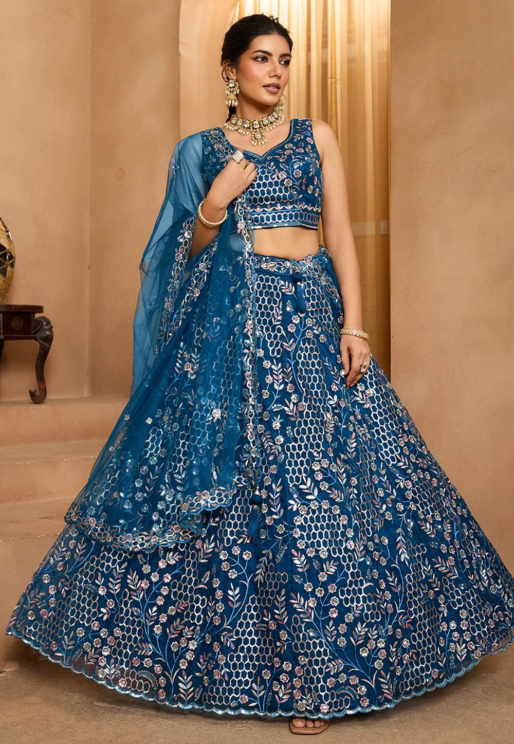 Navy Blue Net Wedding Lehenga Choli 318119