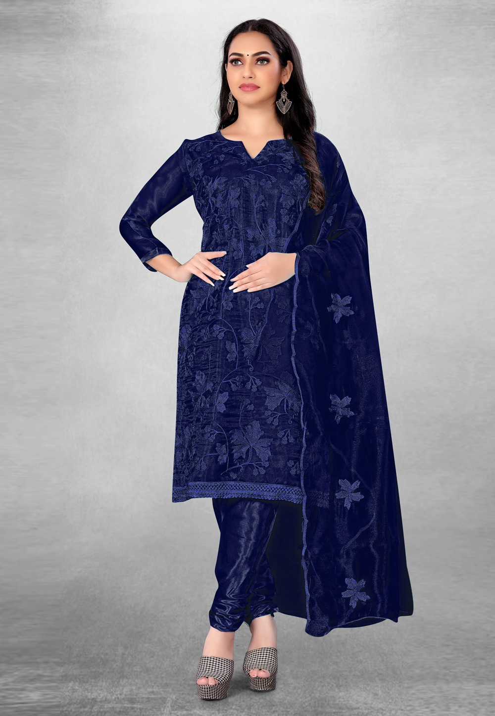 Navy Blue Organza Churidar Suit 279285