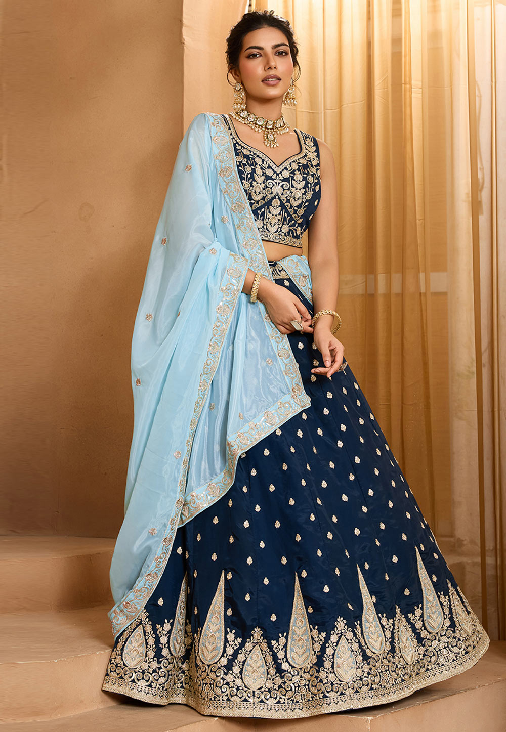 Navy Blue Organza Circular Lehenga Choli 318110