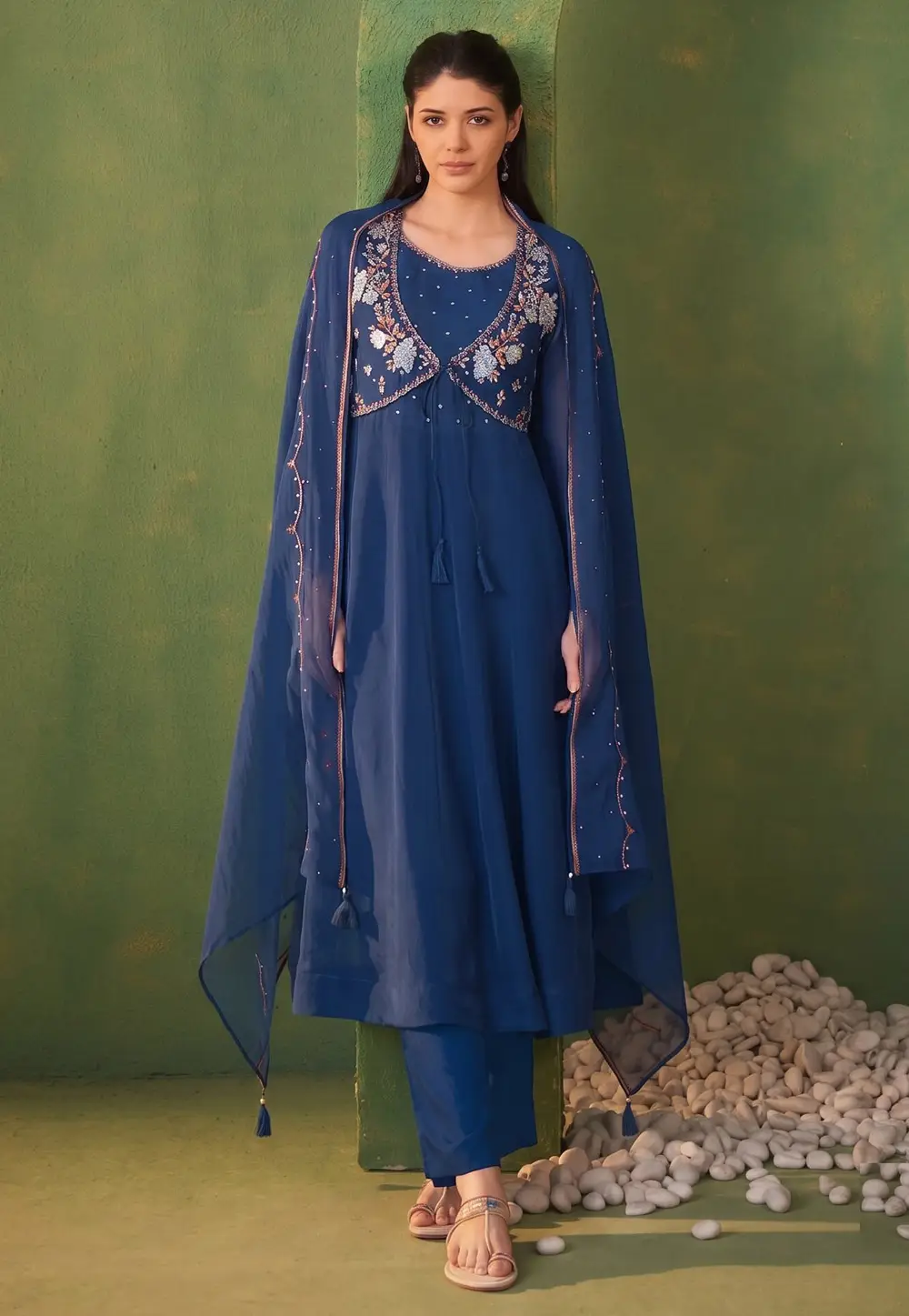 Navy Blue Organza Readymade Anarkali Suit 333553