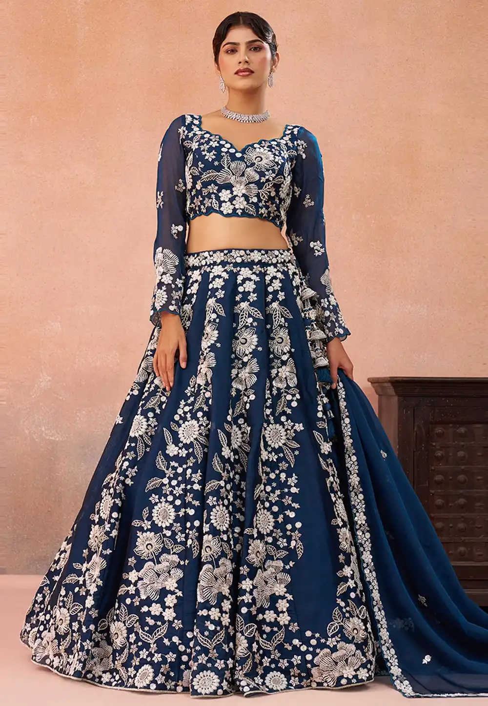 Navy Blue Organza Wedding Lehenga Choli 326169