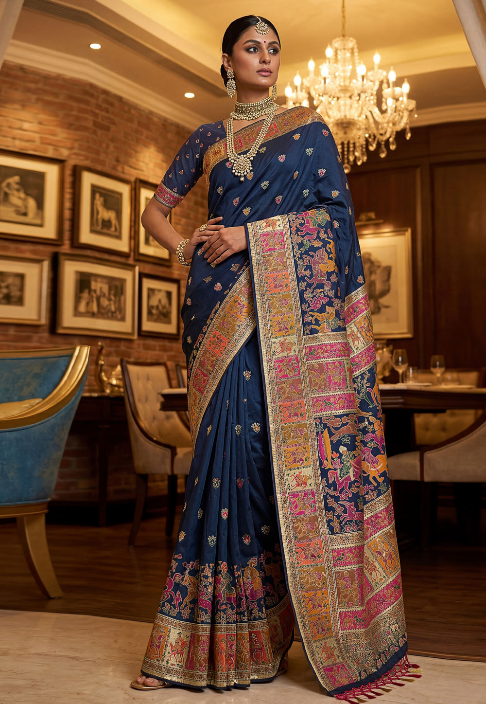 Navy Blue Pashmina Saree With Blouse 327748