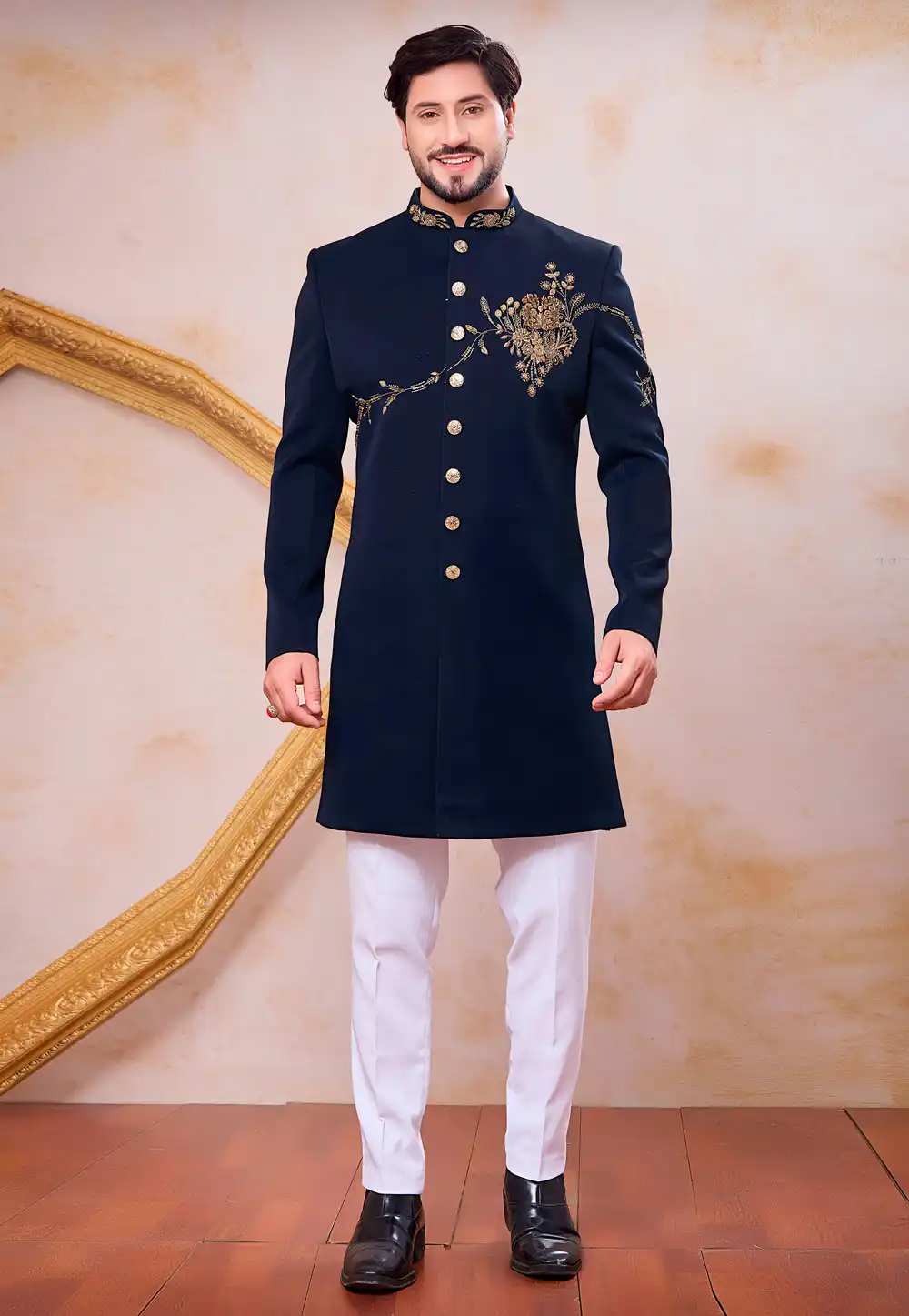 Navy Blue Polyester Indo Western Suit 330264