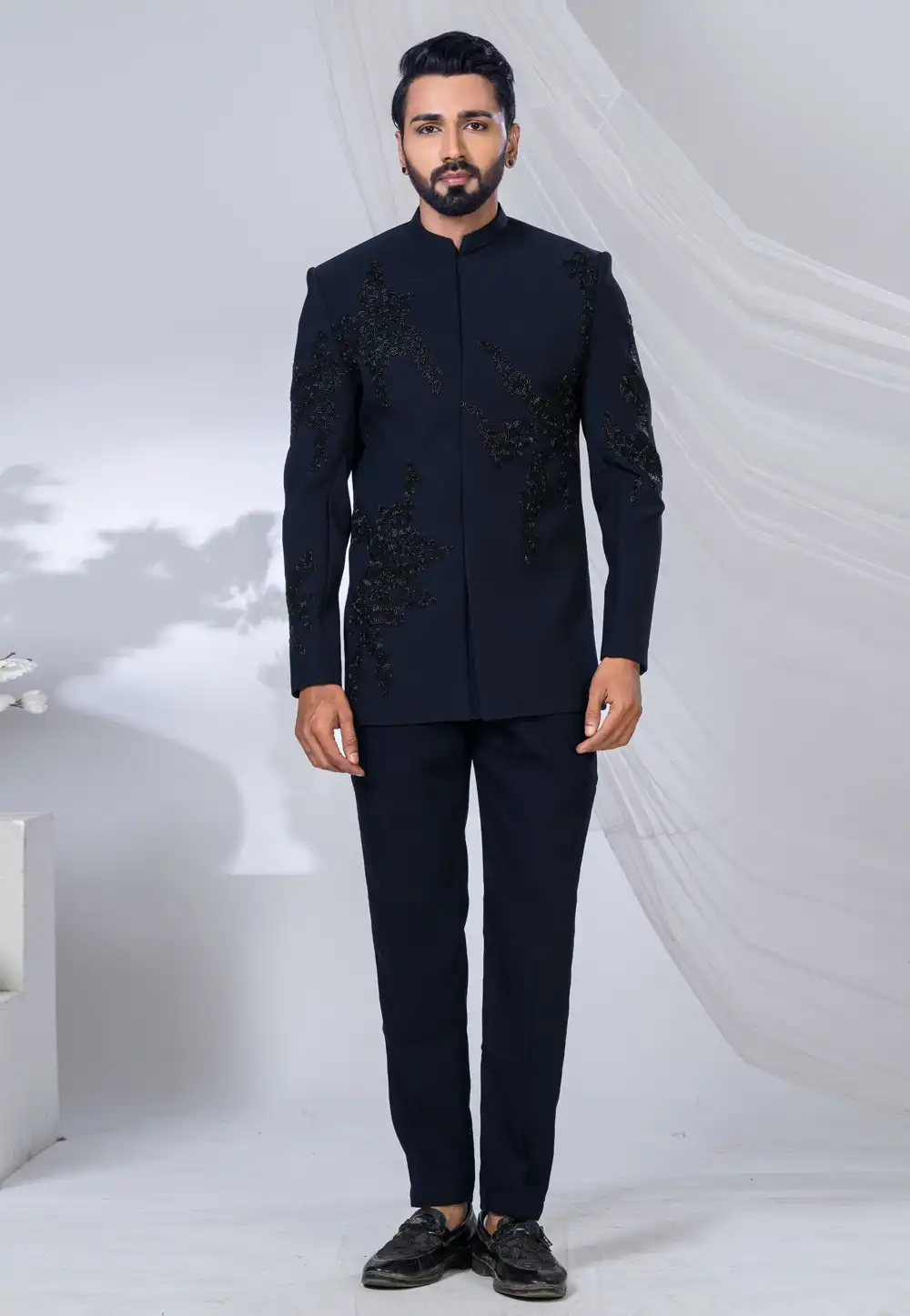Navy Blue Polyester Jodhpuri Suit 315341