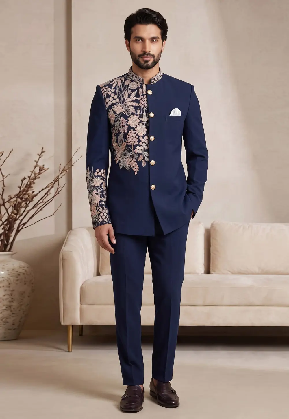 Navy Blue Polyester Jodhpuri Suit 331846