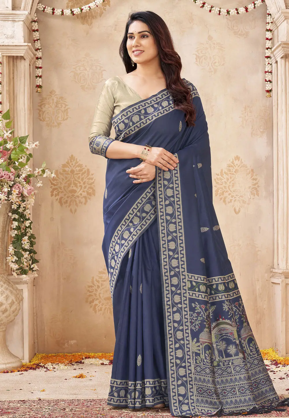 Navy Blue Raw Silk Saree With Blouse 335963