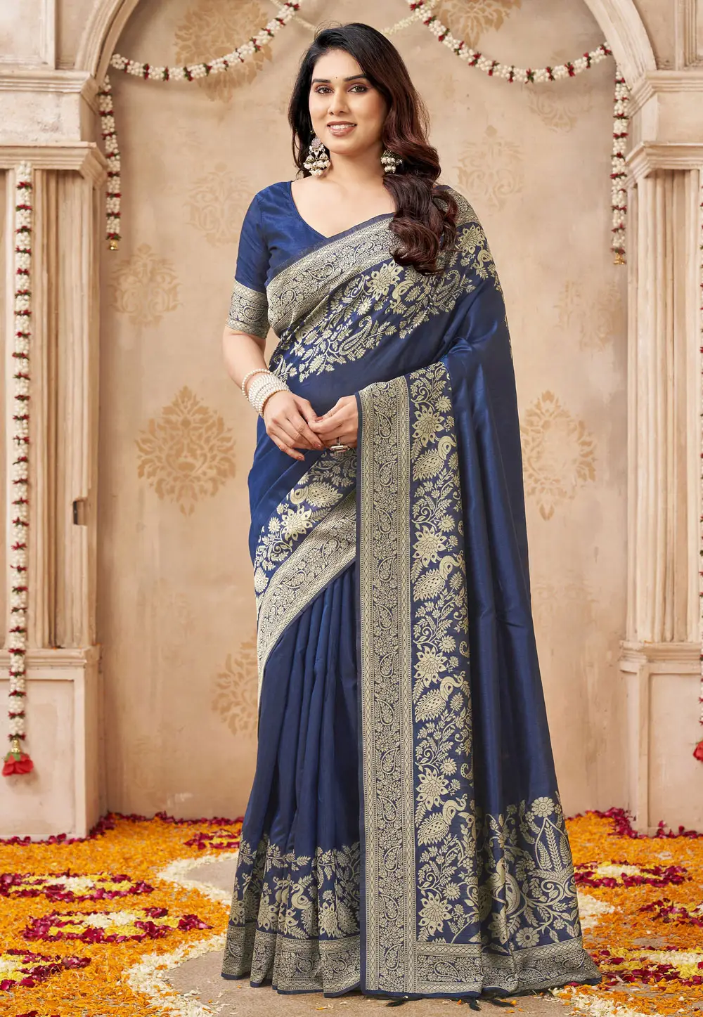 Navy Blue Raw Silk Saree With Blouse 335989