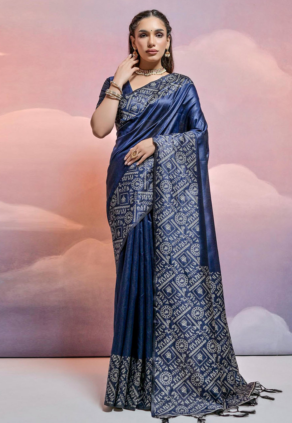 Navy Blue Raw Silk Saree With Blouse 281767
