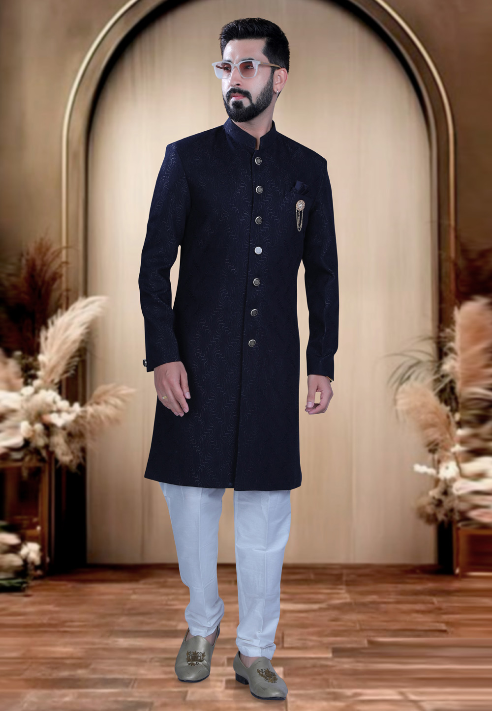 Navy Blue Rayon Achkan Style Sherwani 319652