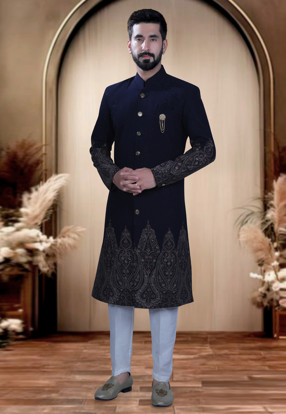 Navy Blue Rayon Achkan Style Sherwani 319664