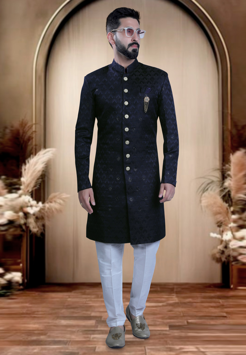 Navy Blue Rayon Achkan Style Sherwani 319677
