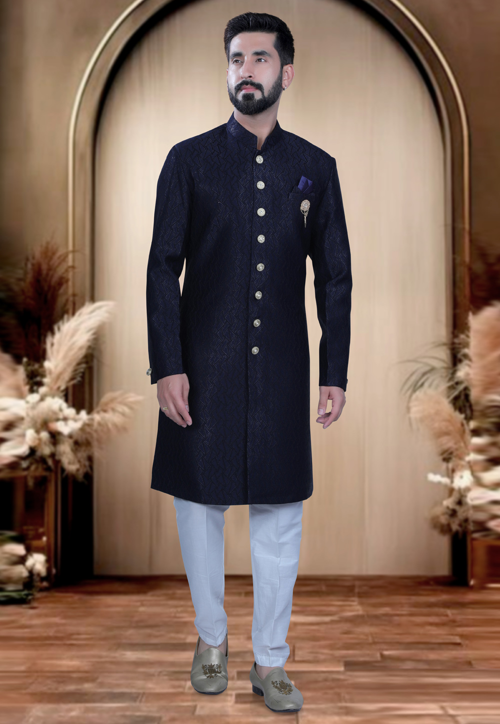 Navy Blue Rayon Achkan Style Sherwani 319694