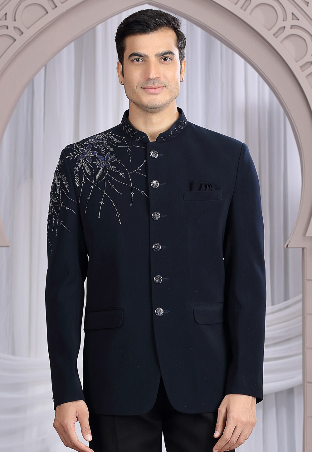 Navy Blue Rayon Jodhpuri Suit 319130