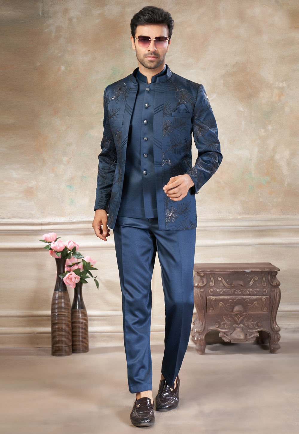 Navy Blue Rayon Jodhpuri Suit 319073