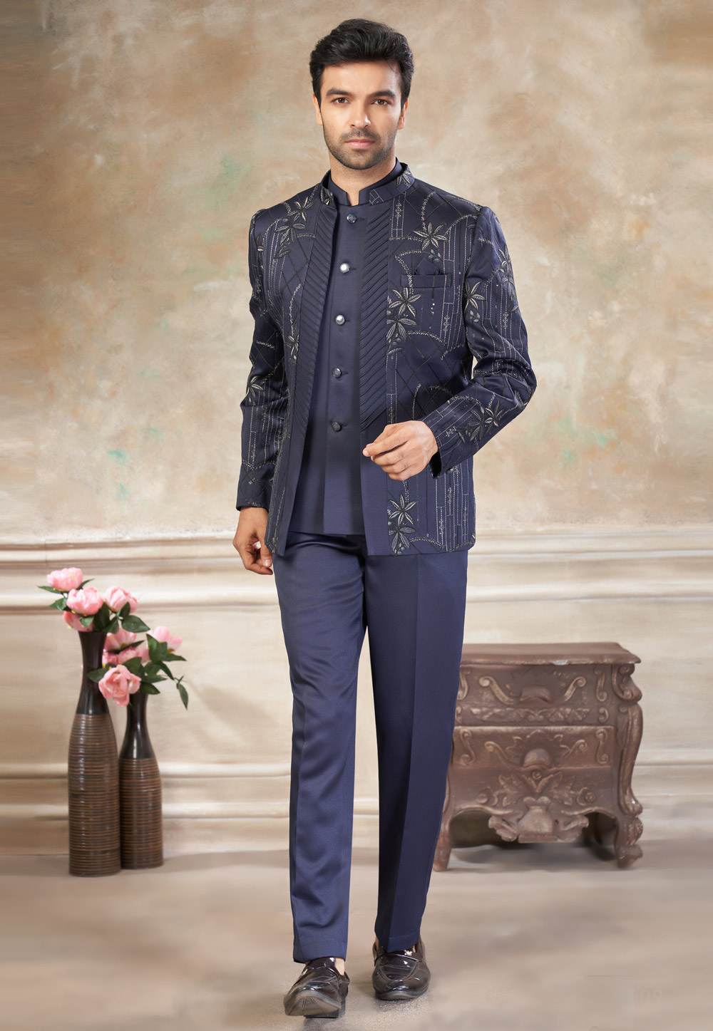 Navy Blue Rayon Jodhpuri Suit 319075