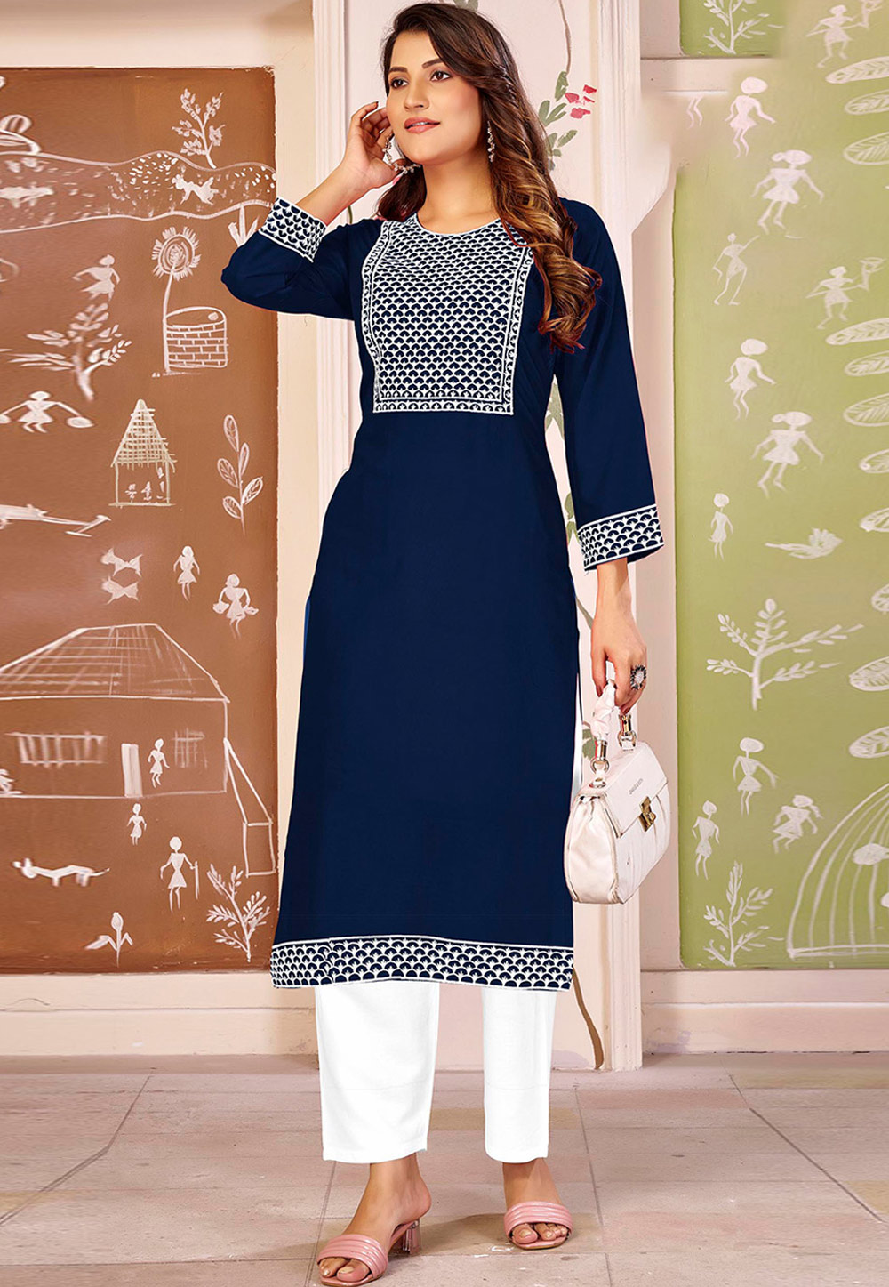 Navy Blue Rayon Kurta Set With Pent 324122