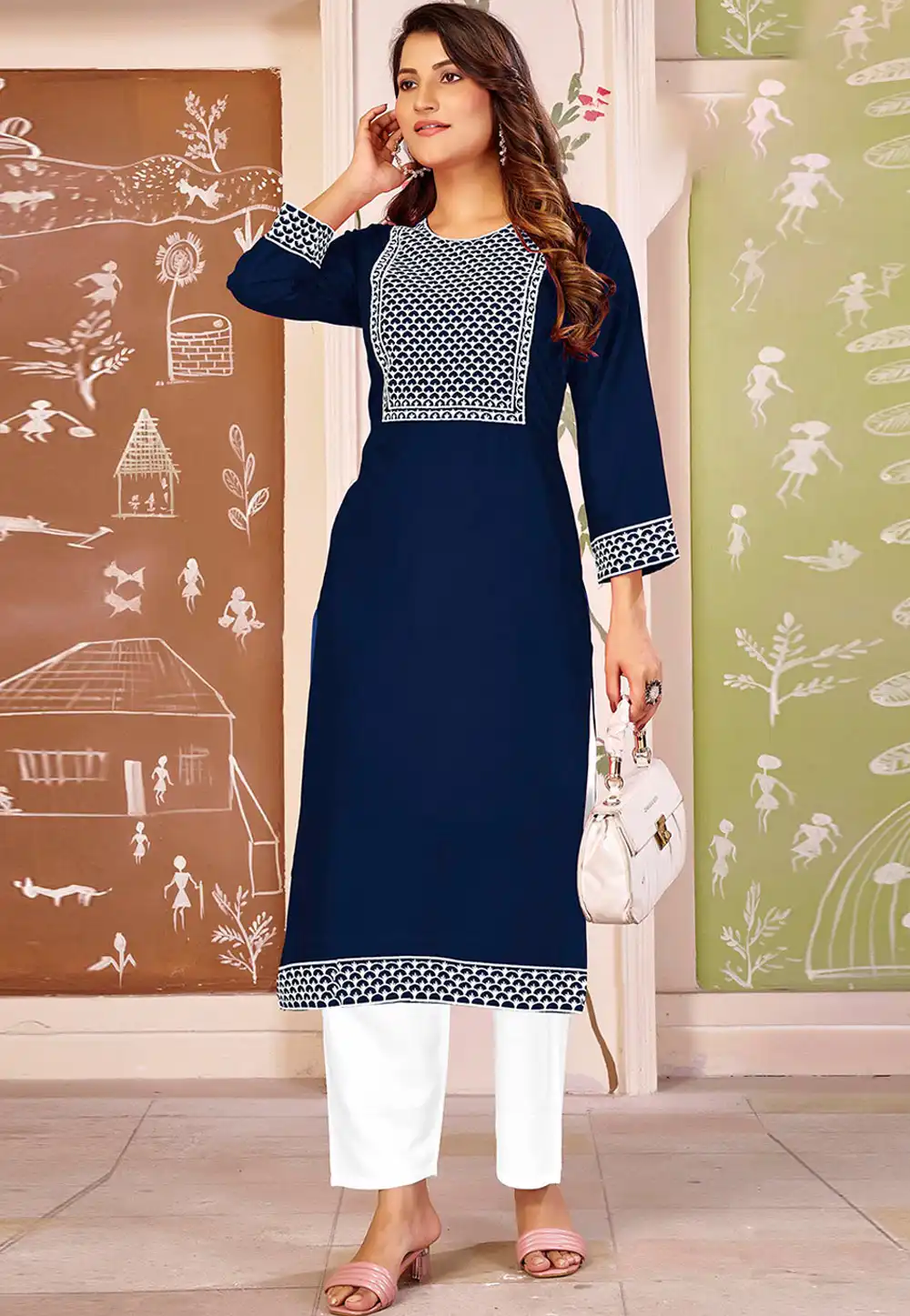 Navy Blue Rayon Kurta Set With Pant 324122