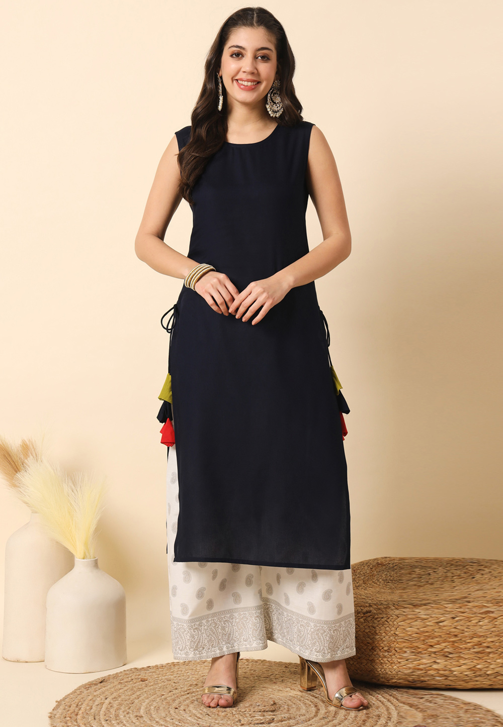 Navy Blue Rayon Long Tunic 308265