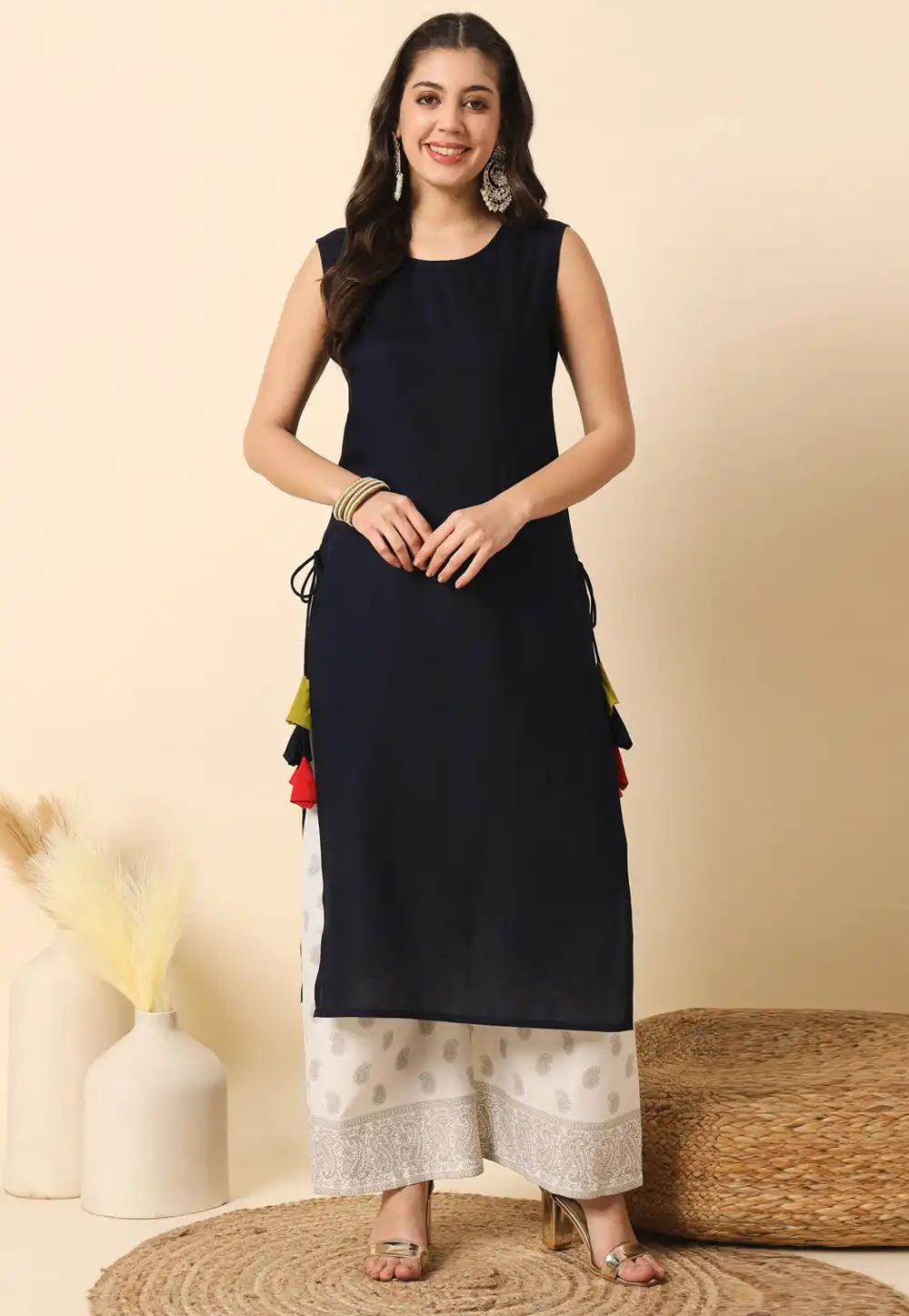 Navy Blue Rayon Long Tunic 308265